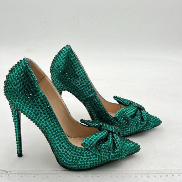 FSJ Green Pointed Toe Rhinestone High Heel Wedding Pump Sexy Bowknot Dress Shoe - Picture 4 of 8